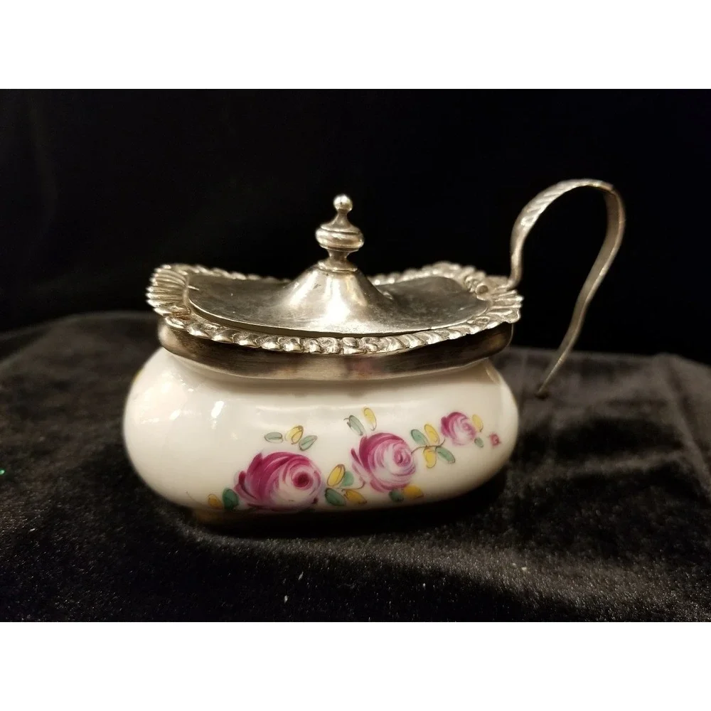 Vintage Porcelain Trinket Box With Silver Plated Lid Hand Painted- Spain